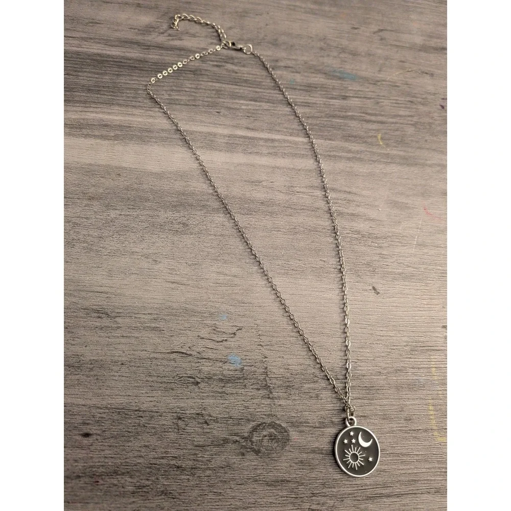 Celestial Sun Moon Stars Pendant Necklace‎ Silver Tone Black Enamel Boho Jewelry
